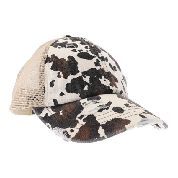 Cow Print Mesh Back Criss Cross High Pony C.C Ball Cap BT938