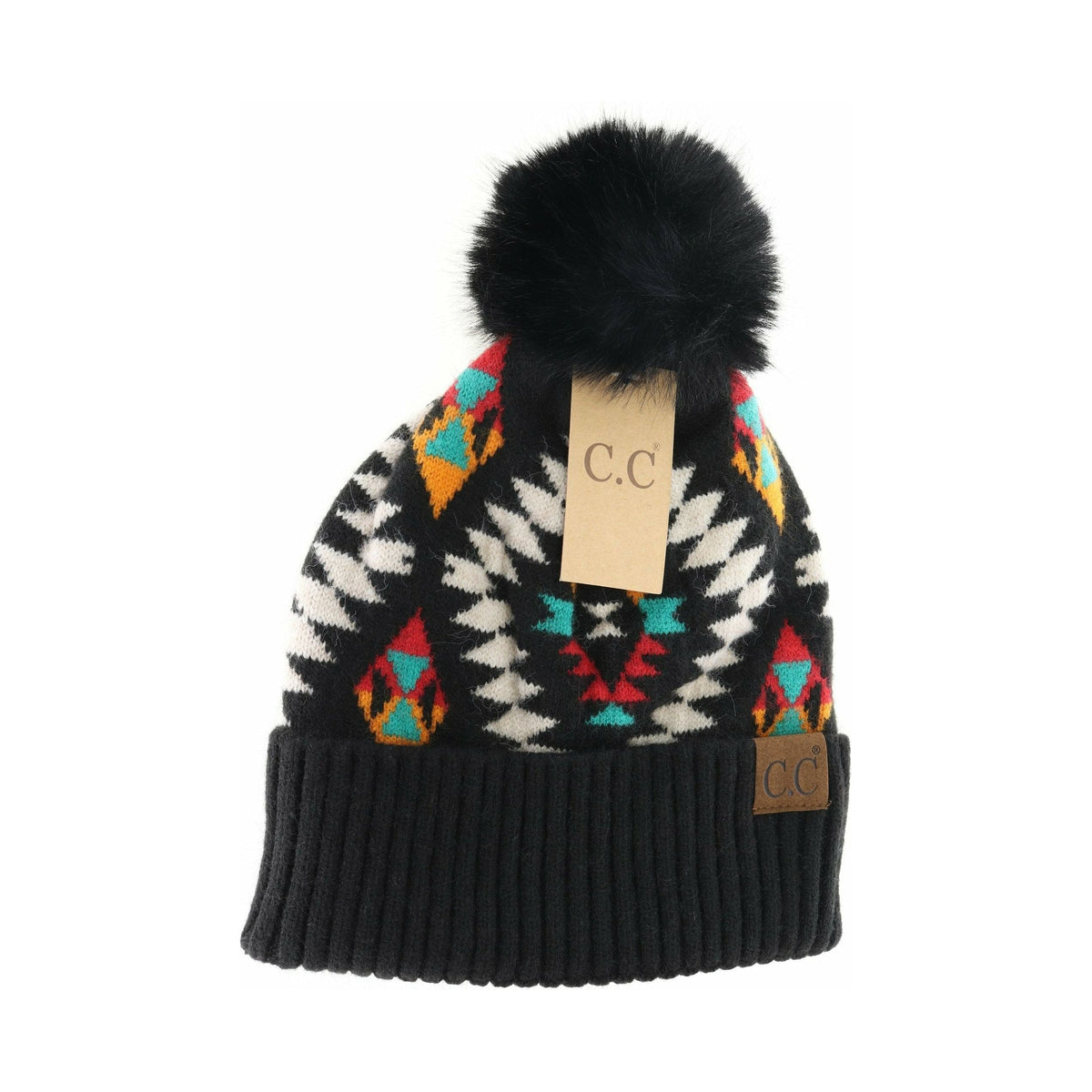 Aztec Patterned Faux Fur Pom C.C Beanie HAT3001