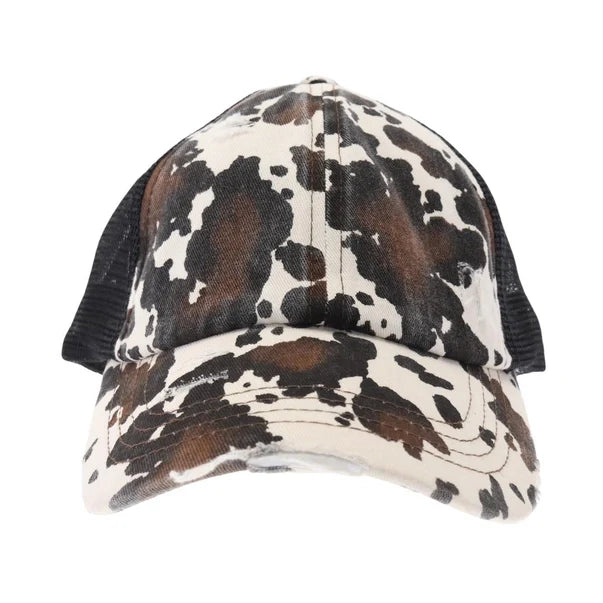 Cow Print Mesh Back Criss Cross High Pony C.C Ball Cap BT938