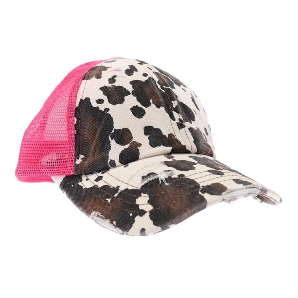 Cow Print Mesh Back Criss Cross High Pony C.C Ball Cap BT938