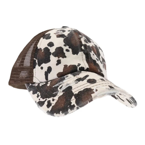 Cow Print Mesh Back Criss Cross High Pony C.C Ball Cap BT938