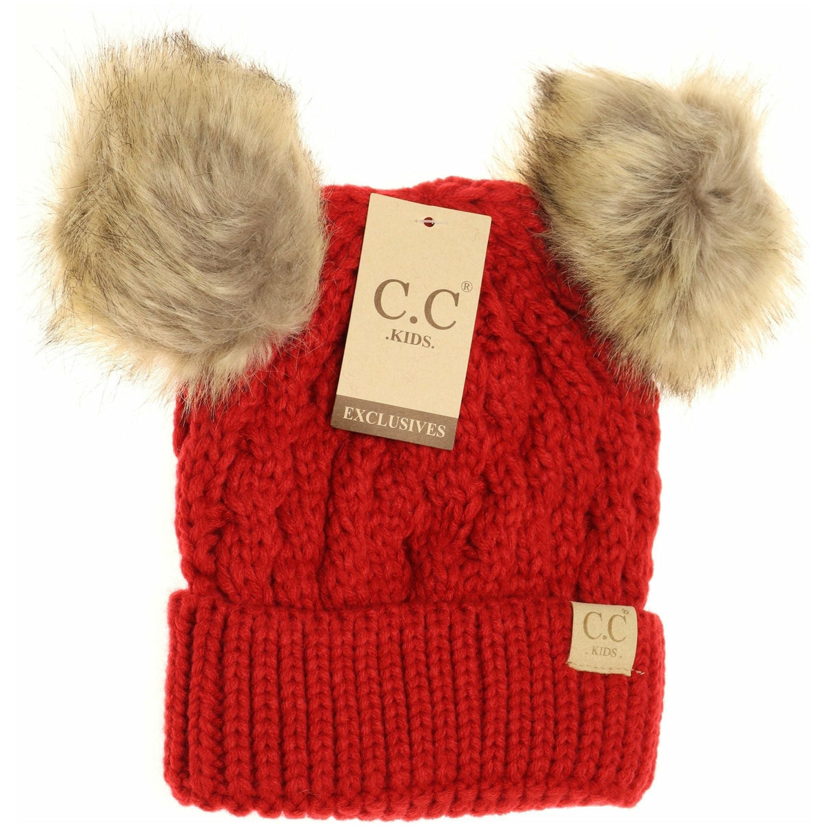 KIDS Cable Knit Double Fur Pom Beanie KIDS2055