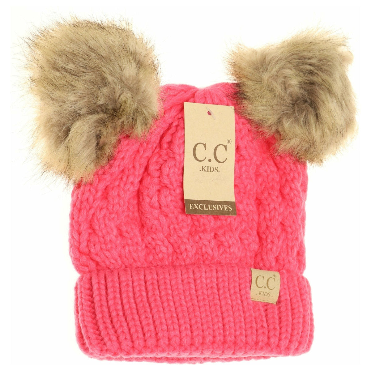 KIDS Cable Knit Double Fur Pom Beanie KIDS2055