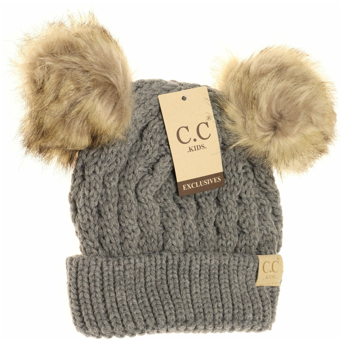 KIDS Cable Knit Double Fur Pom Beanie KIDS2055