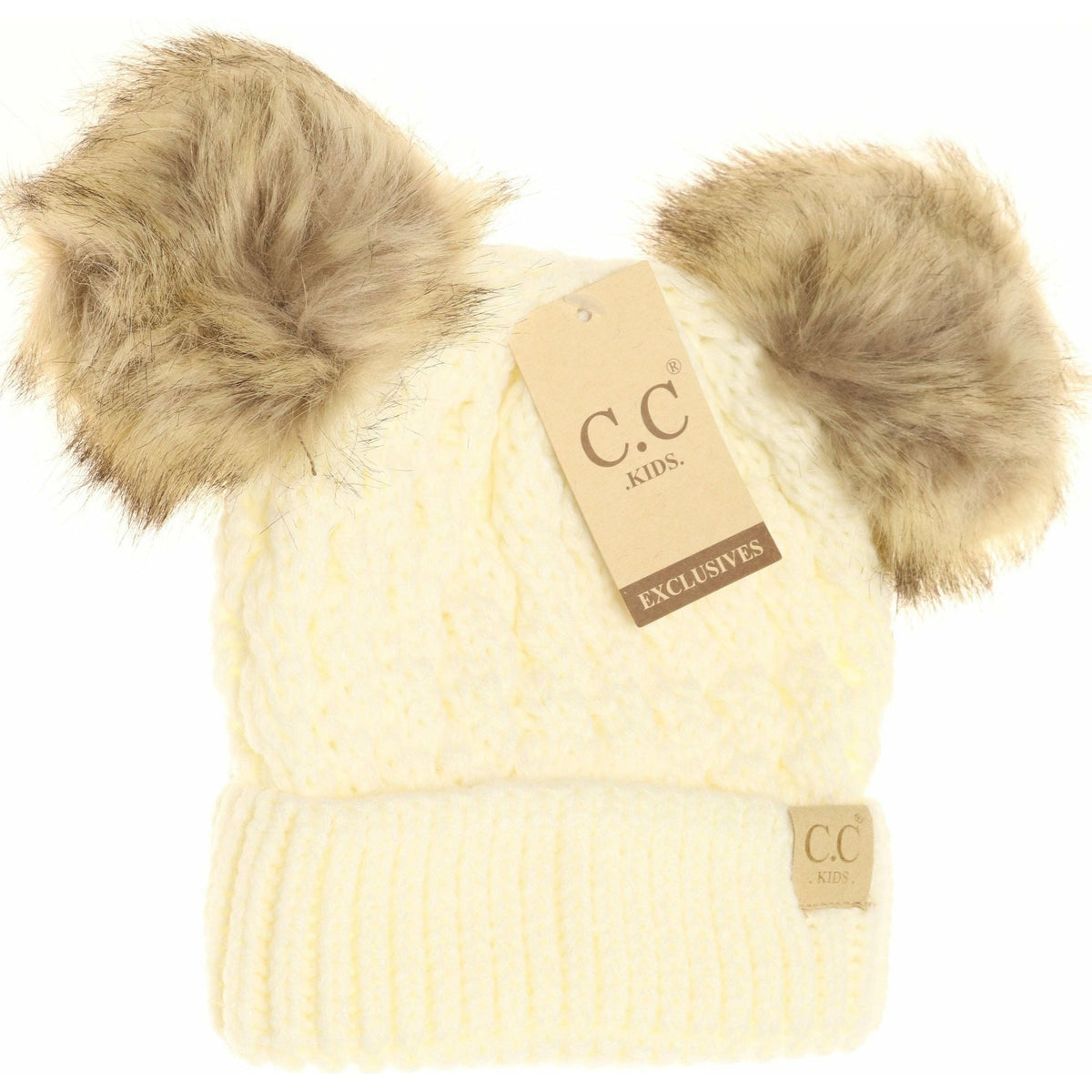 KIDS Cable Knit Double Fur Pom Beanie KIDS2055