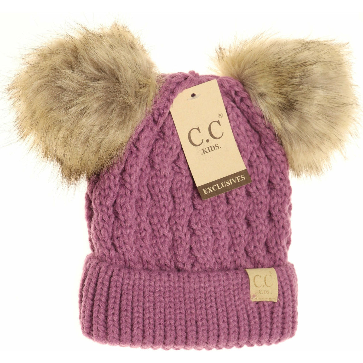 KIDS Cable Knit Double Fur Pom Beanie KIDS2055