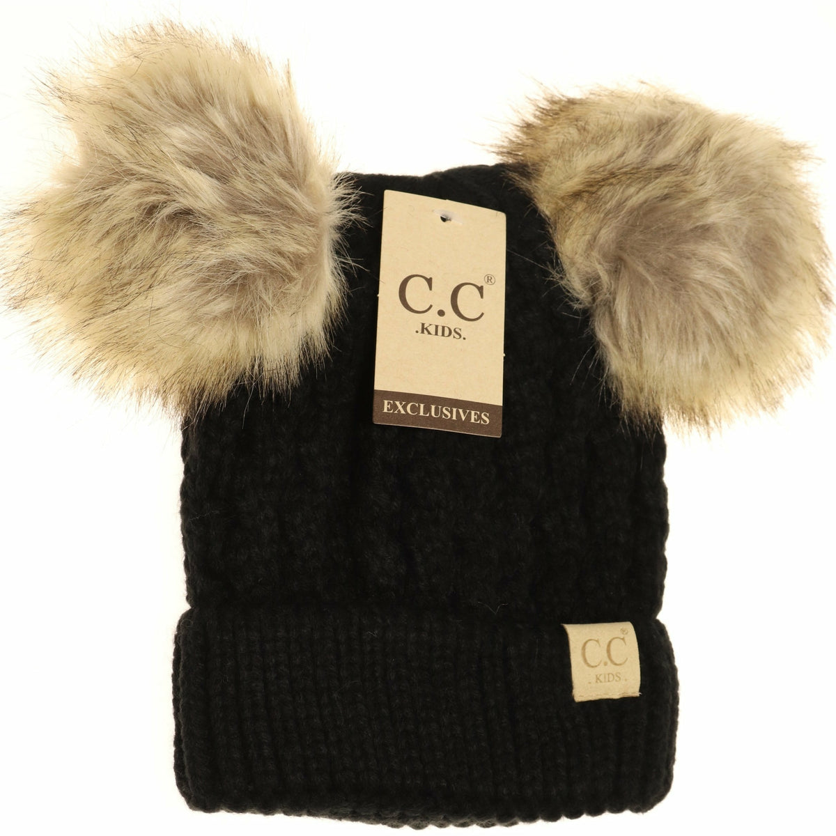 KIDS Cable Knit Double Fur Pom Beanie KIDS2055