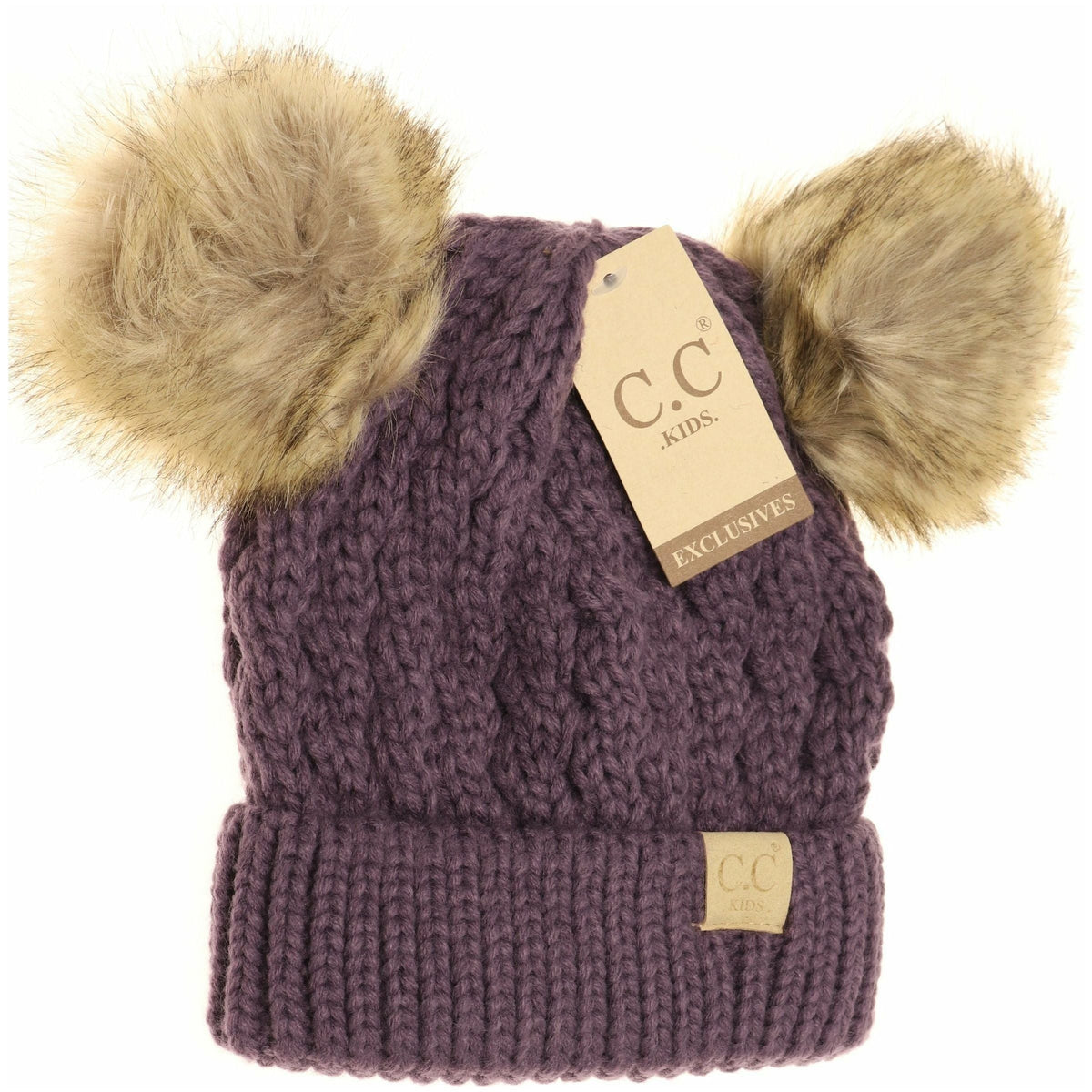 KIDS Cable Knit Double Fur Pom Beanie KIDS2055