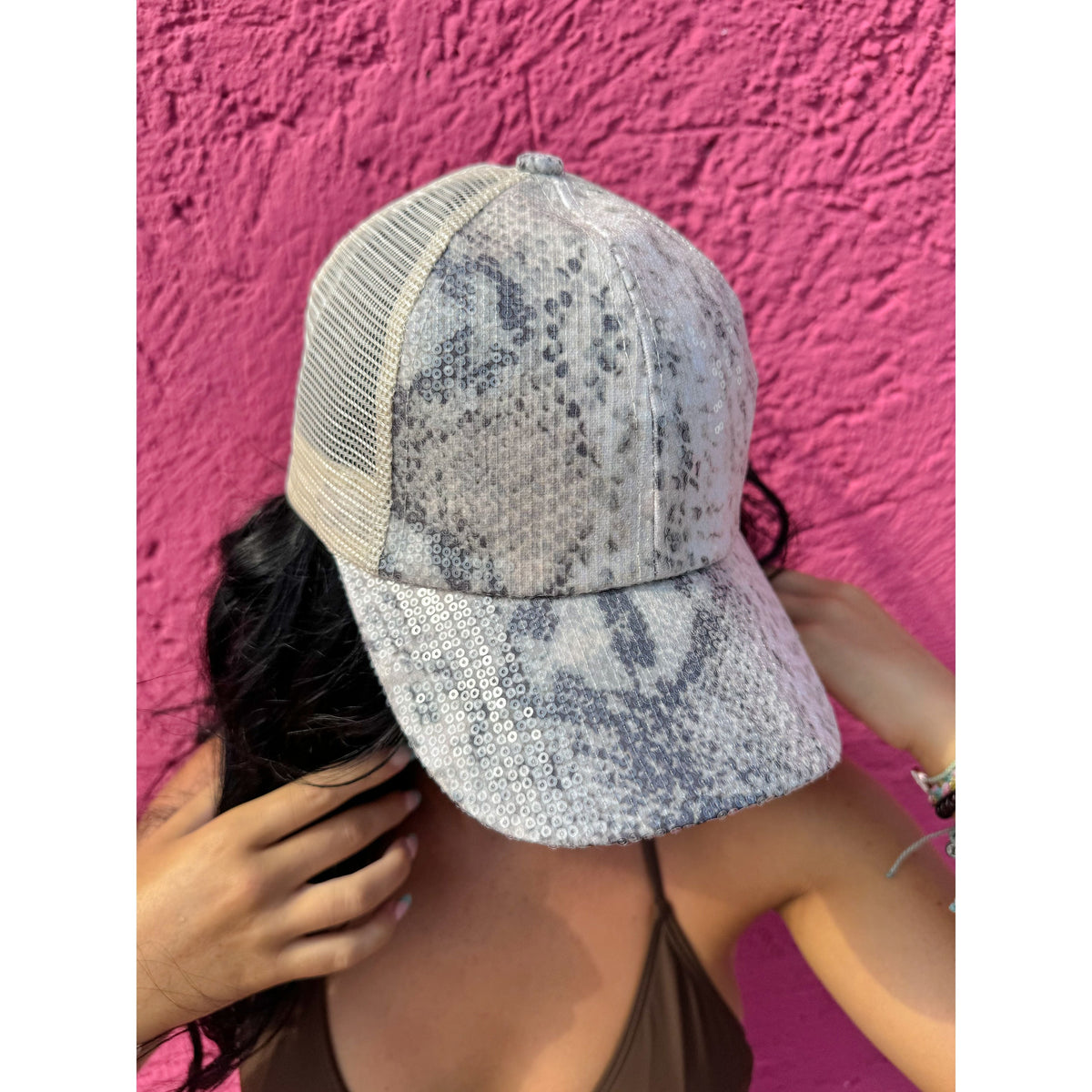 Clear Sequin Snake Pattern Criss Cross High Pony C.C Ball Cap BTB8055