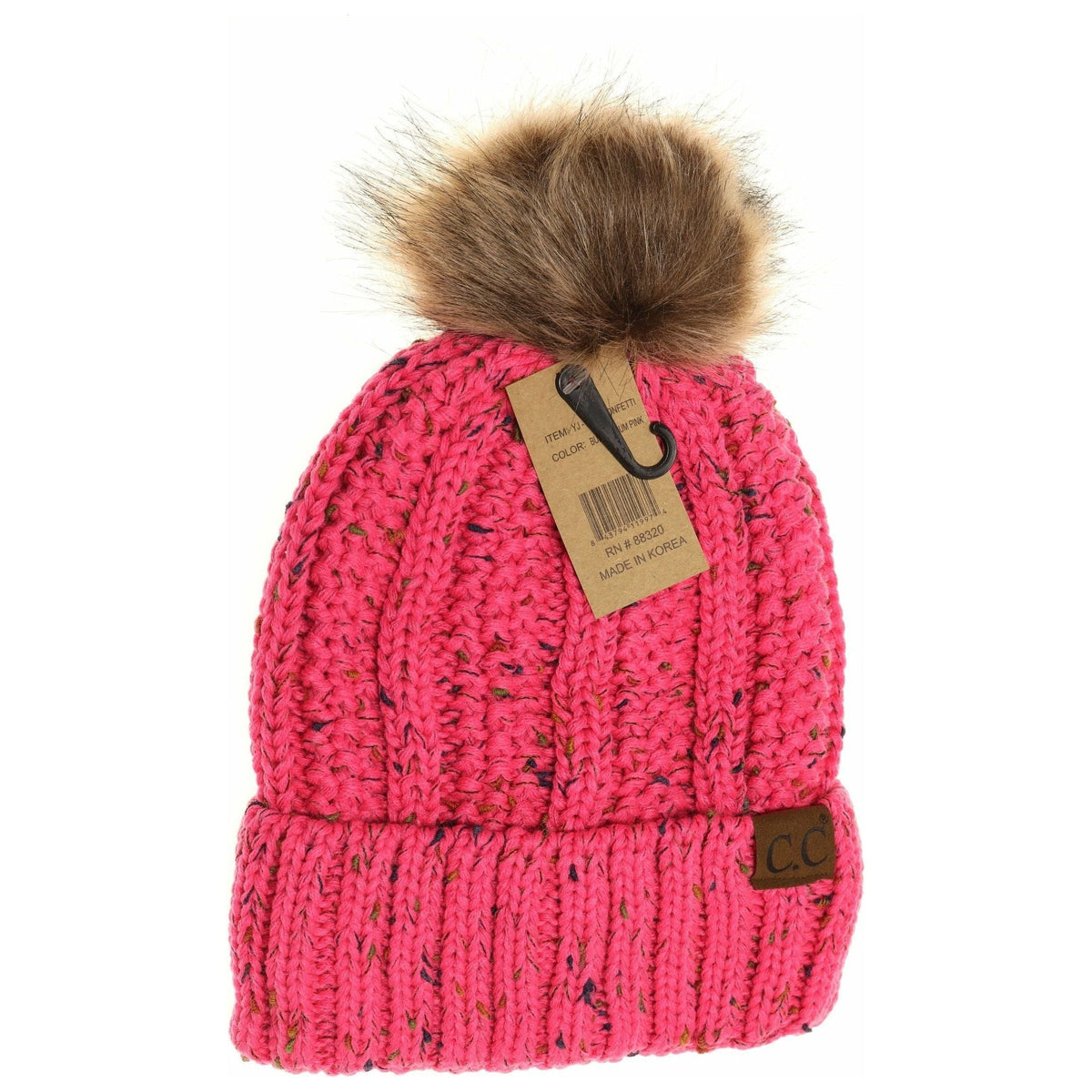 Fuzzy Lined Flecked Fur Pom CC Beanie YJ820CONFETTI