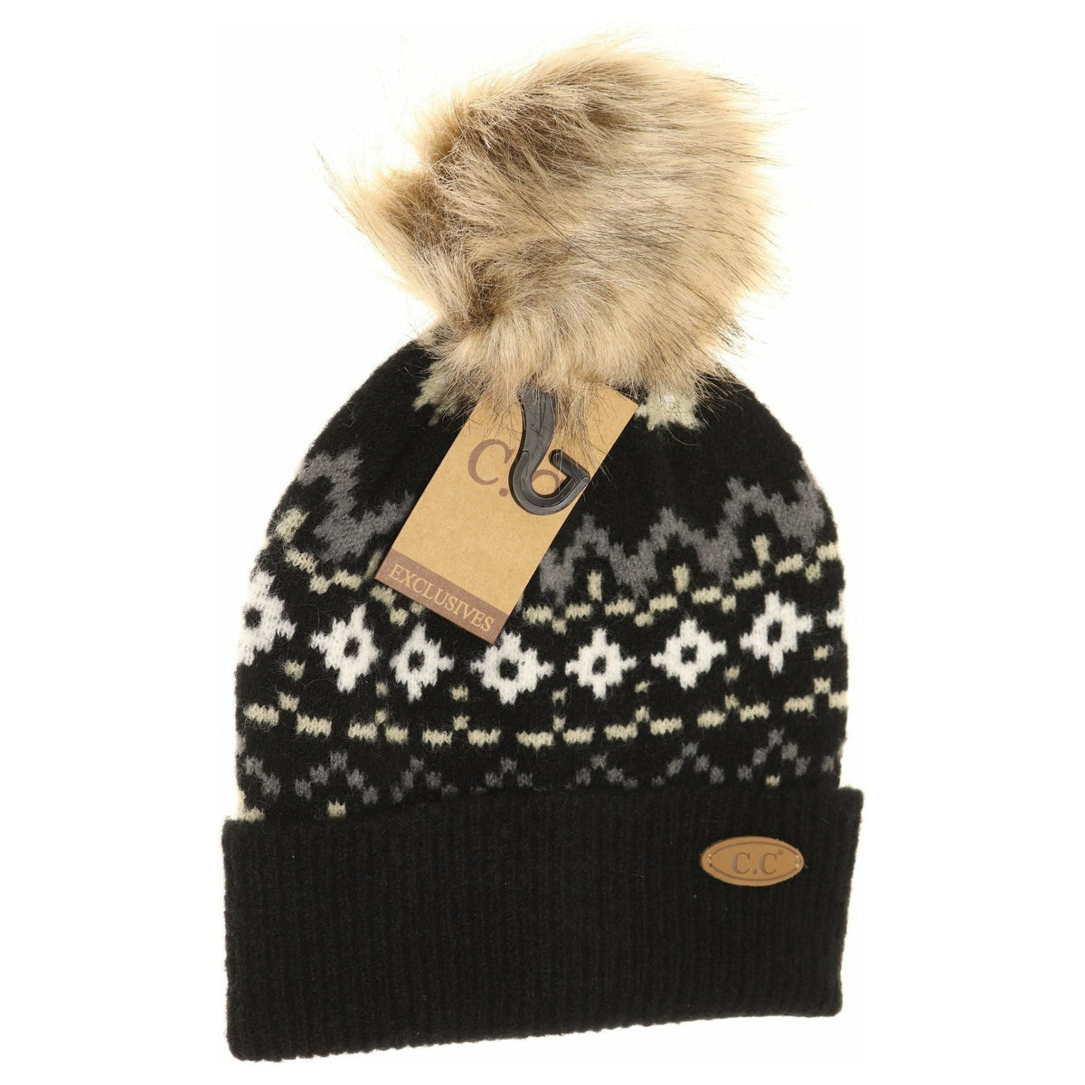 Geometric Pattern Fur Pom CC Beanie HAT7011