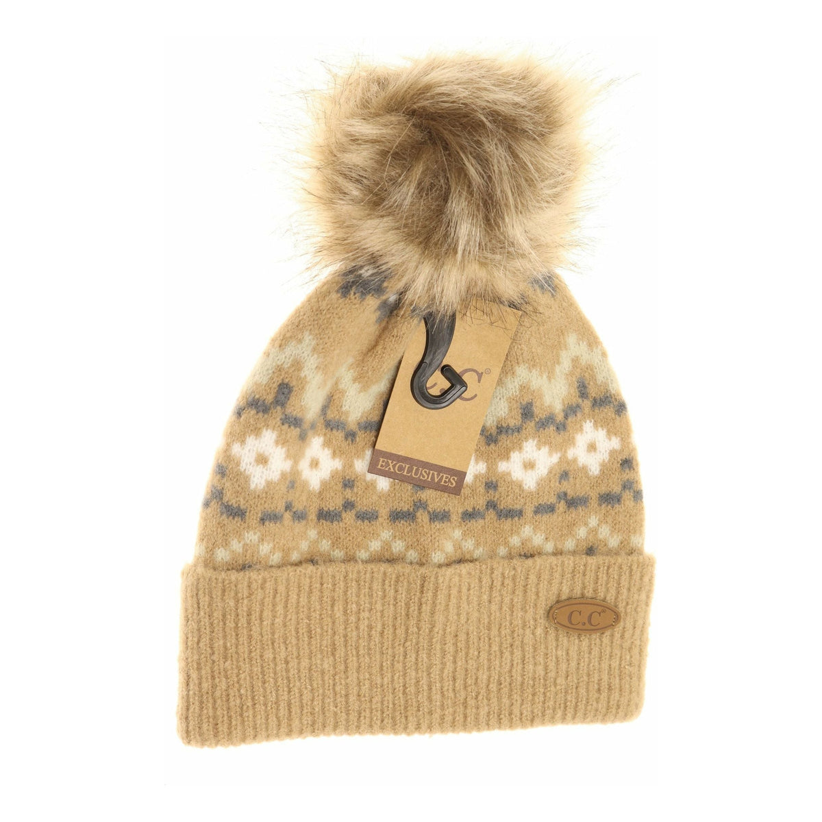 Geometric Pattern Fur Pom CC Beanie HAT7011