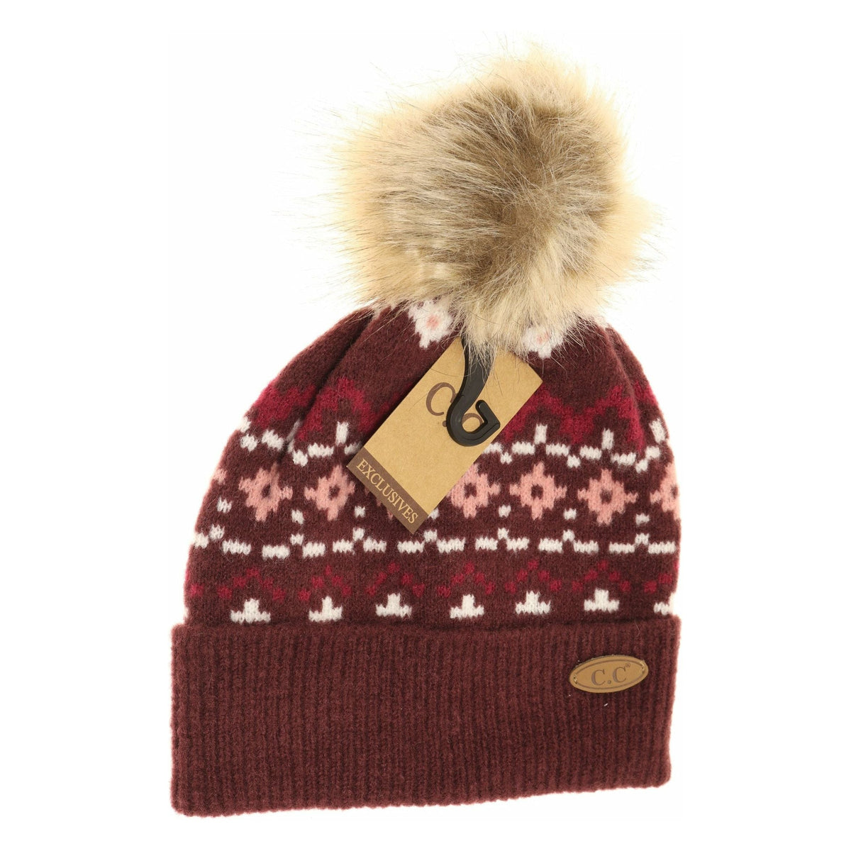 Geometric Pattern Fur Pom CC Beanie HAT7011