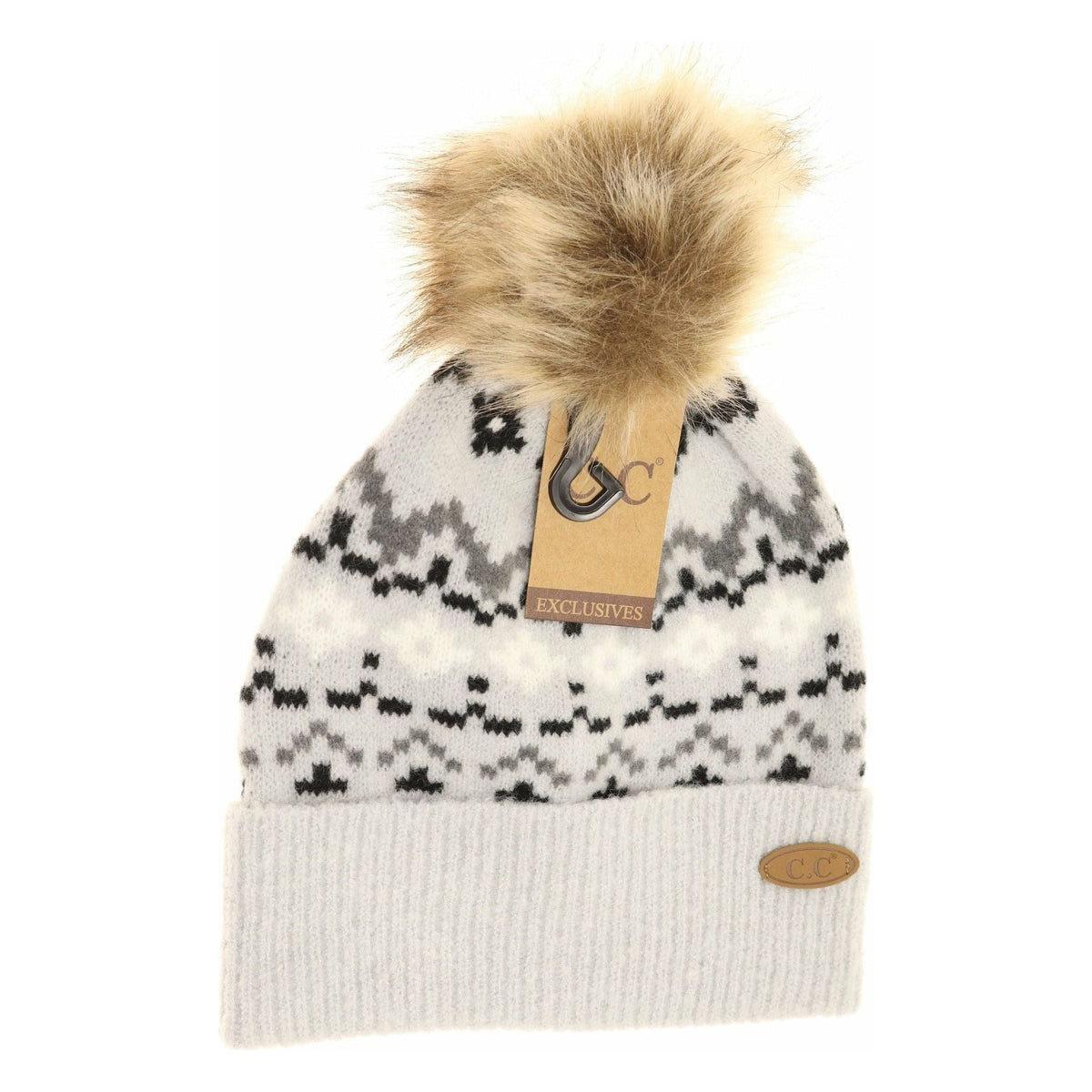 Geometric Pattern Fur Pom CC Beanie HAT7011