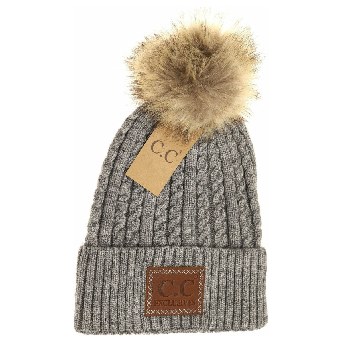 Double Braided Knit Faux Fur Pom Beanie HAT3478