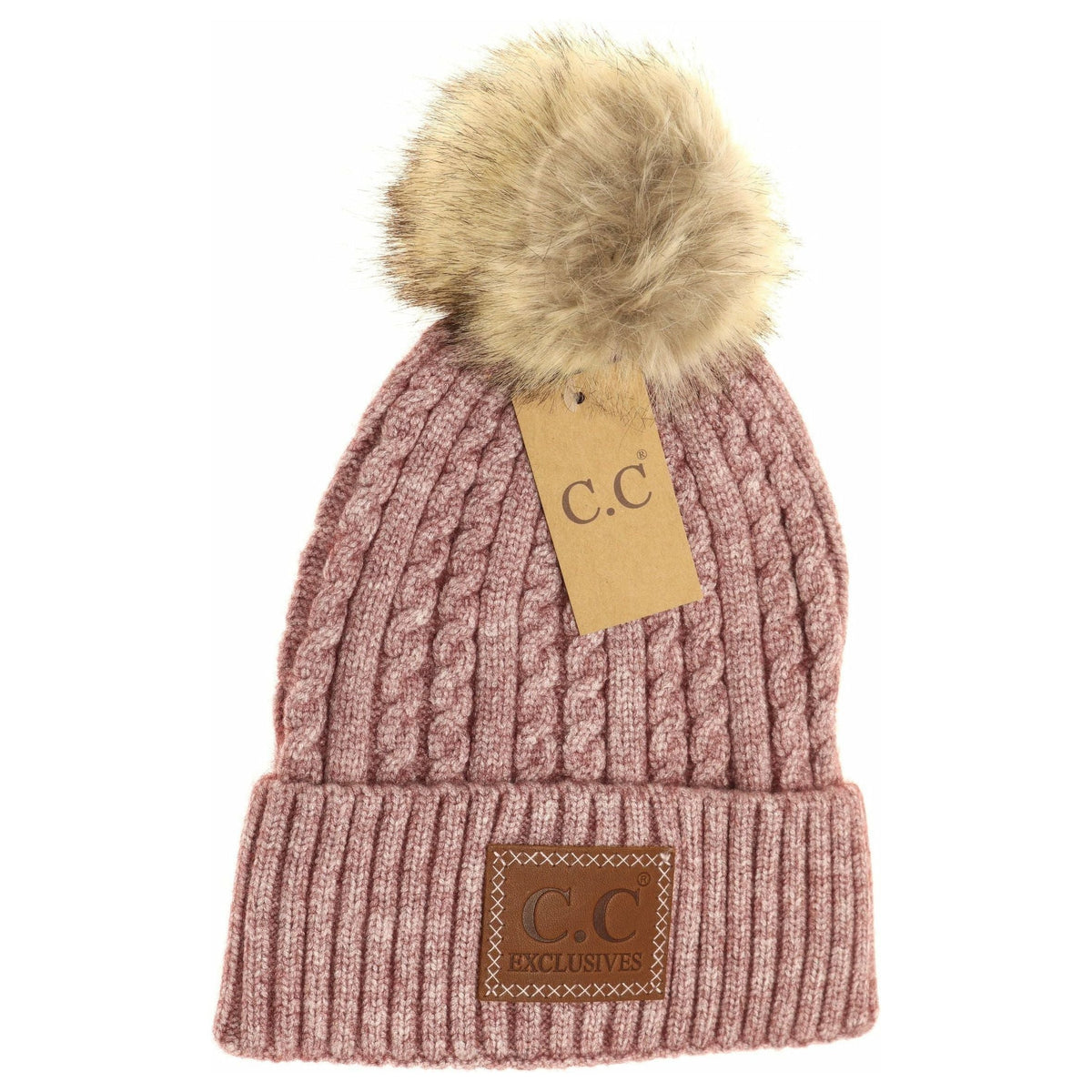 Double Braided Knit Faux Fur Pom Beanie HAT3478