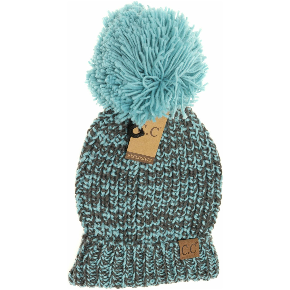 Two-Tone Thick Knit Pom CC Beanie Hat123A