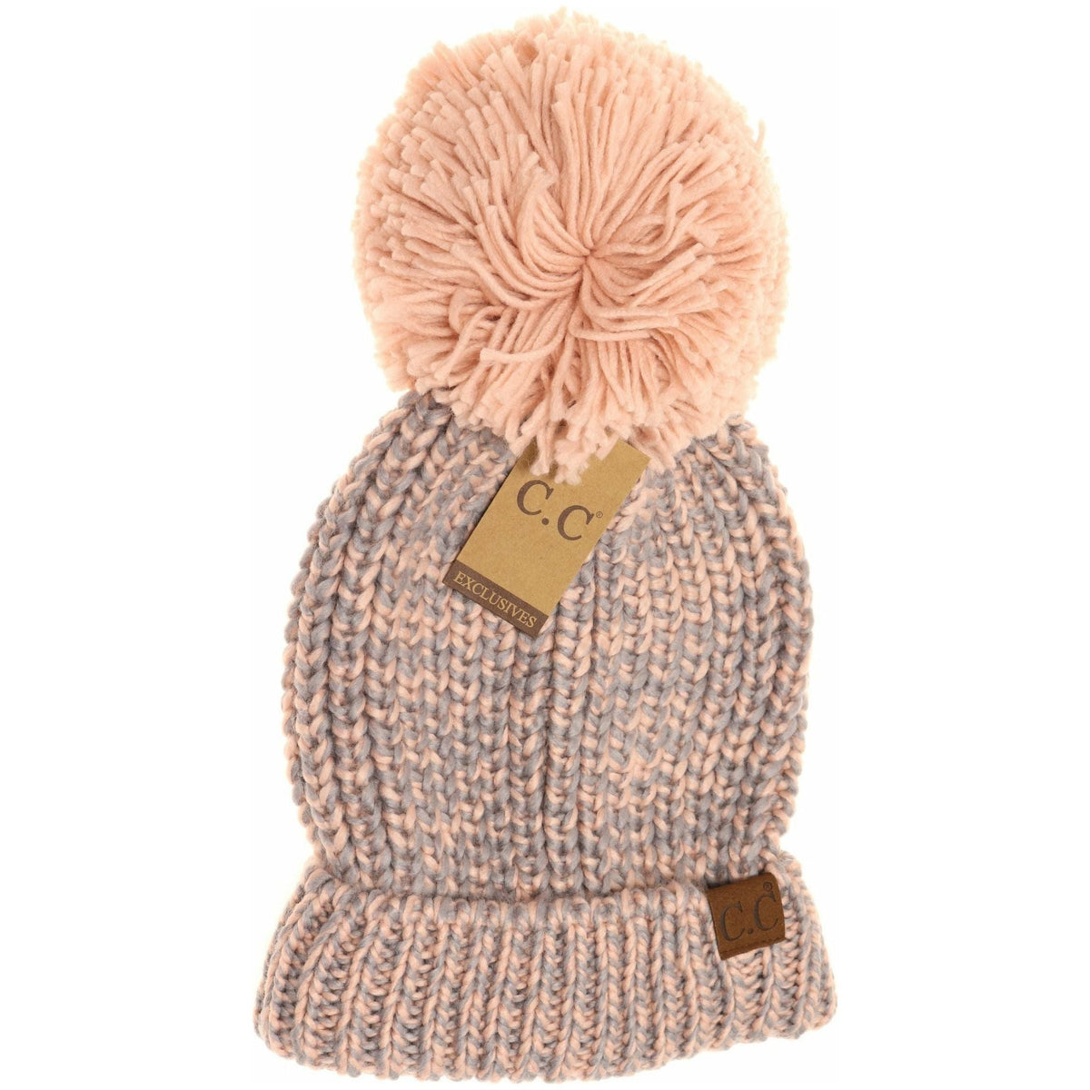 Two-Tone Thick Knit Pom CC Beanie Hat123A