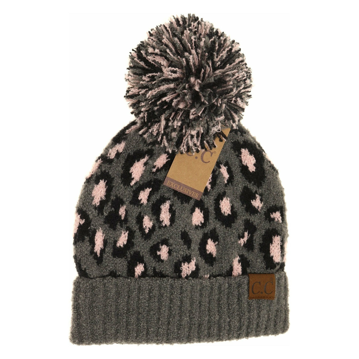 Leopard Boucle Knit POM CC Beanie HAT7001