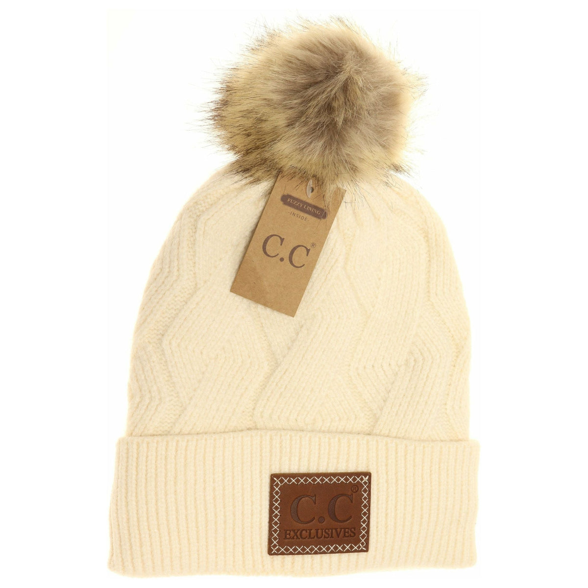 Geometric Knit Faux Fur Pom Beanie HAT2298