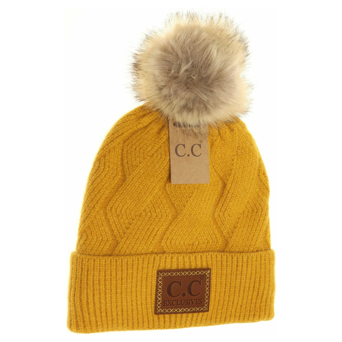 Geometric Knit Faux Fur Pom Beanie HAT2298