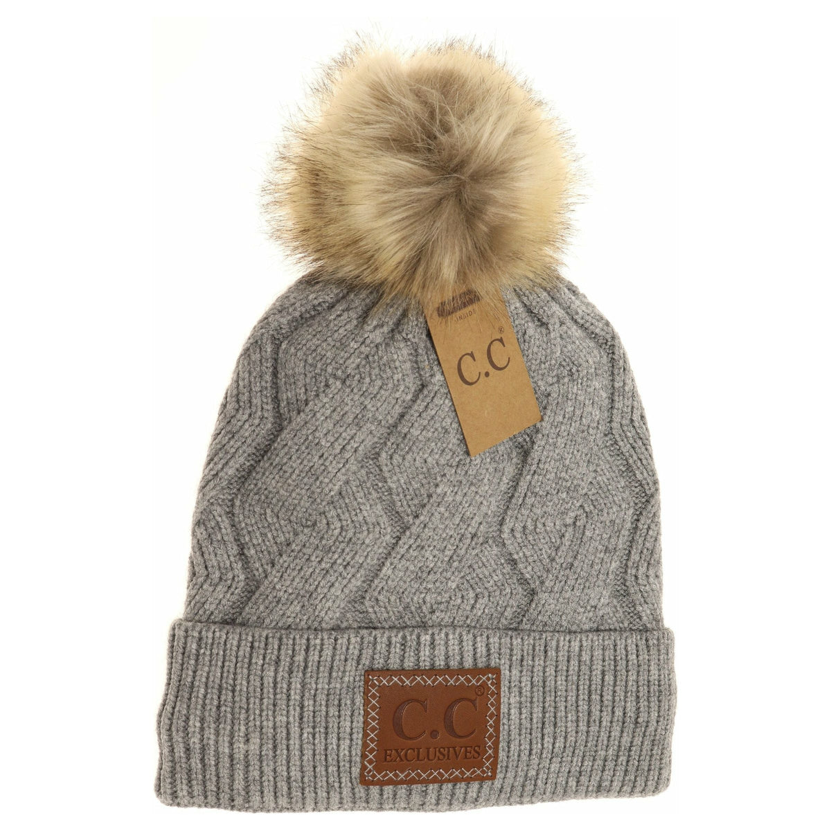 Geometric Knit Faux Fur Pom Beanie HAT2298