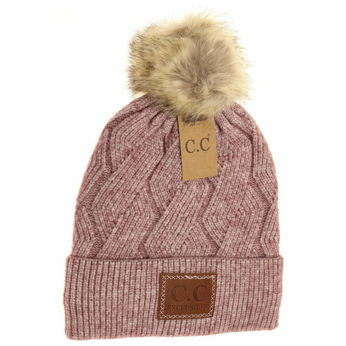 Geometric Knit Faux Fur Pom Beanie HAT2298