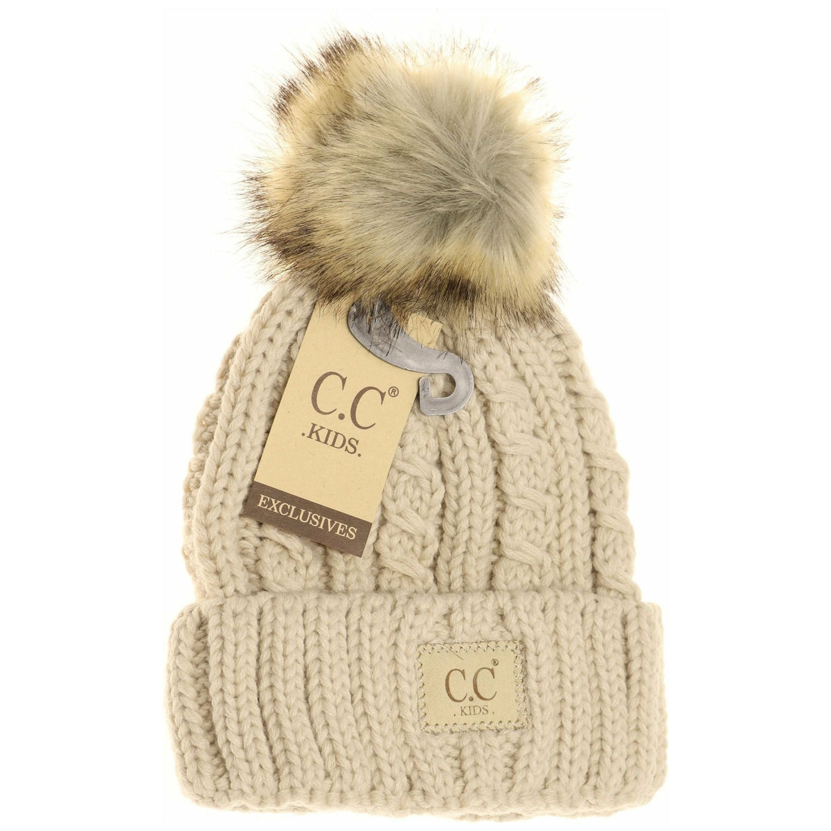 KIDS Cable Ribbed Fur Pom Beanie KIDS2031