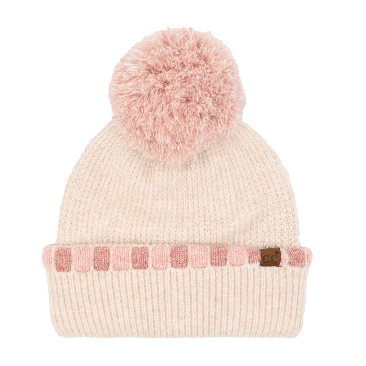 Neutral Horizontal Stripe Cuffed C.C Pom Beanie HTE0121