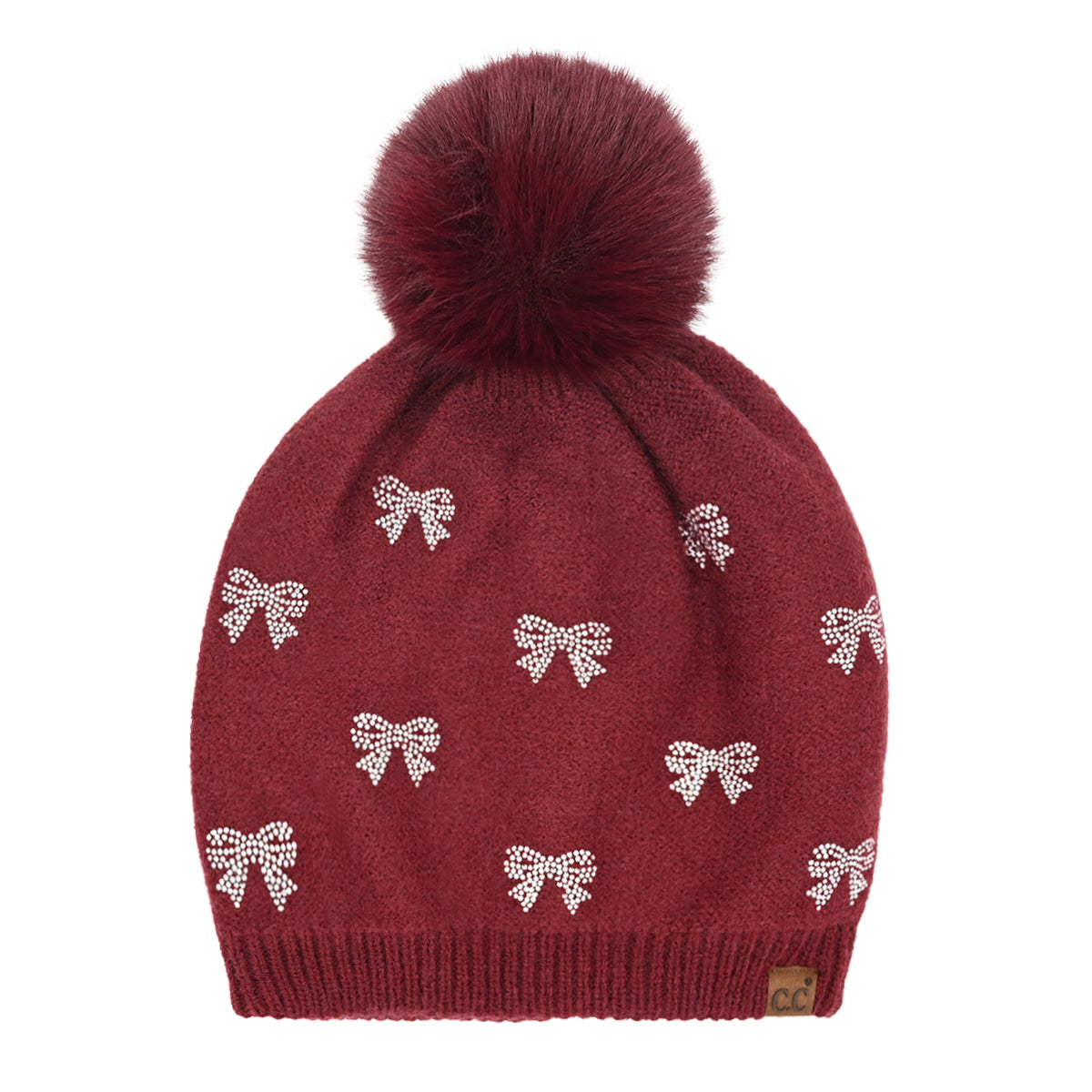 Allover Mini Rhinestone Bow C.C Faux Fur Pom Beanie HTE0136