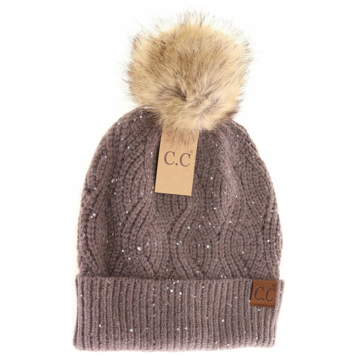 Sequin Brioche Cable Knit Fur Pom C.C Beanie HAT2073