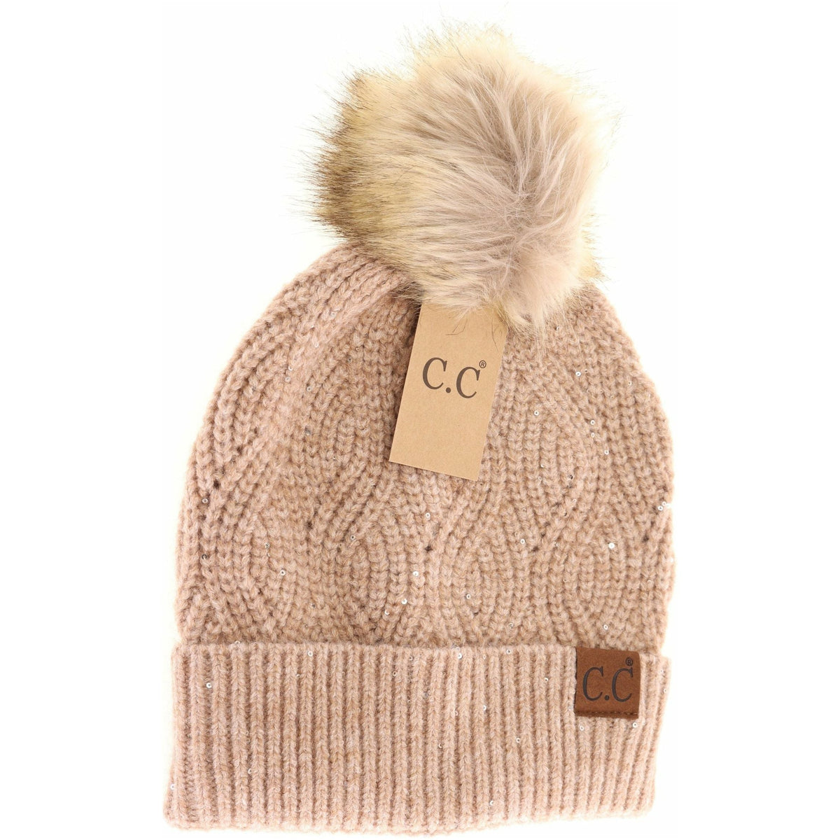 Sequin Brioche Cable Knit Fur Pom C.C Beanie HAT2073