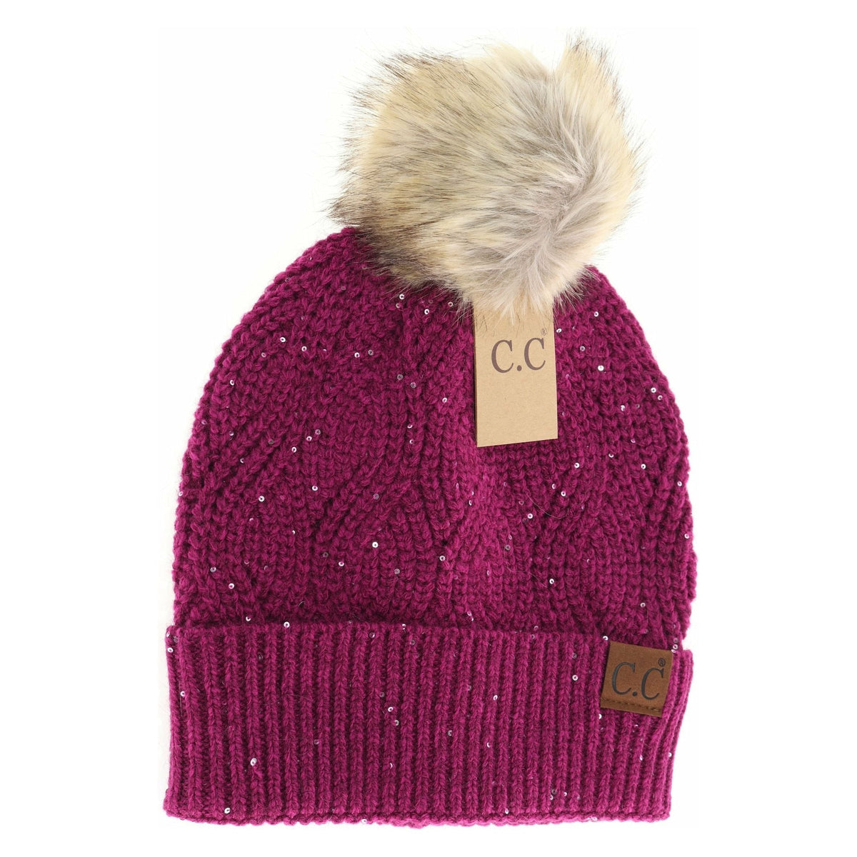 Sequin Brioche Cable Knit Fur Pom C.C Beanie HAT2073