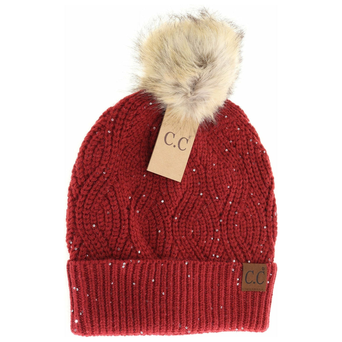 Sequin Brioche Cable Knit Fur Pom C.C Beanie HAT2073