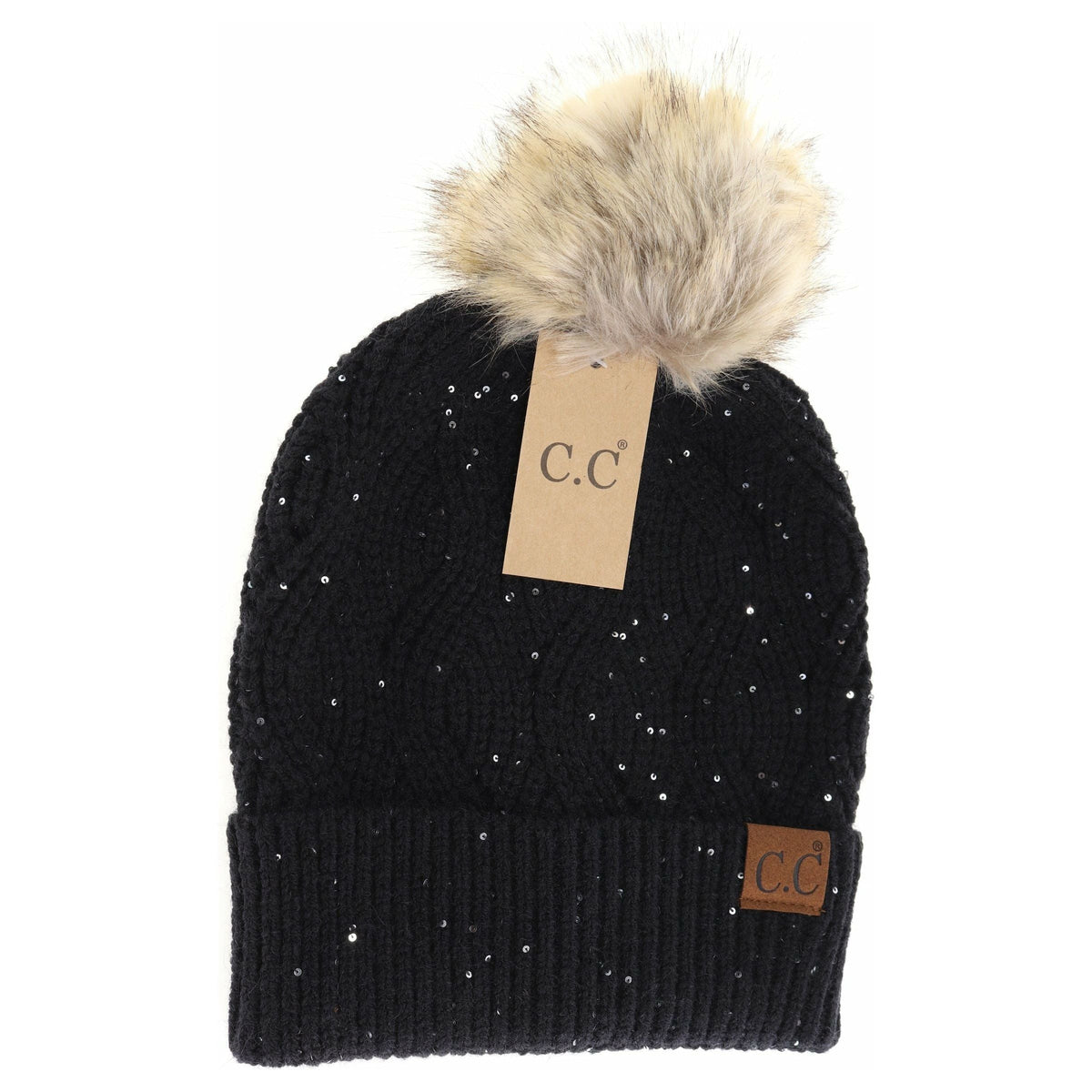 Sequin Brioche Cable Knit Fur Pom C.C Beanie HAT2073
