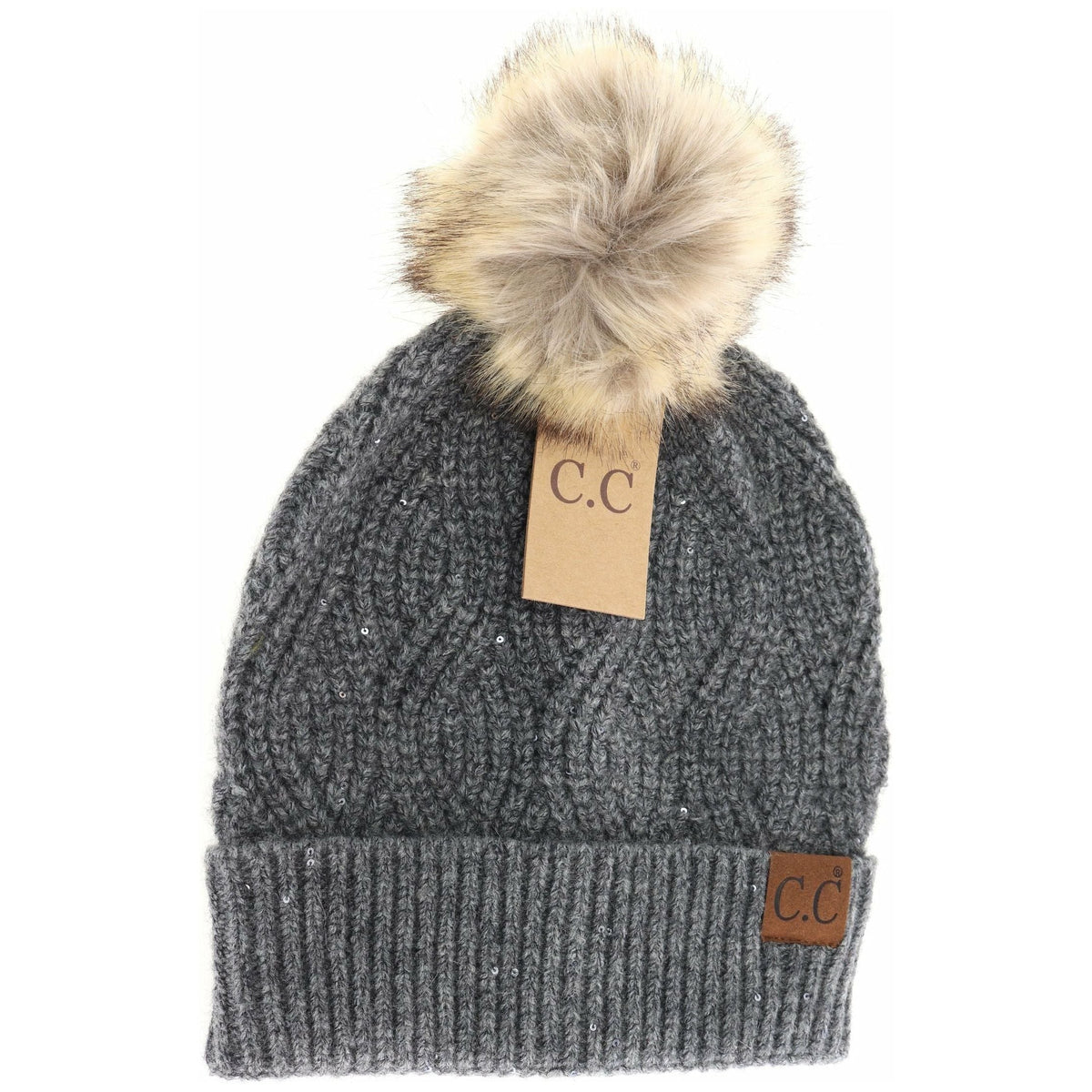 Sequin Brioche Cable Knit Fur Pom C.C Beanie HAT2073