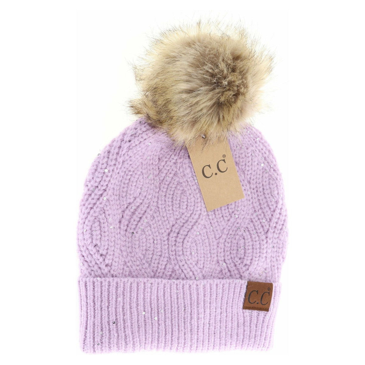 Sequin Brioche Cable Knit Fur Pom C.C Beanie HAT2073