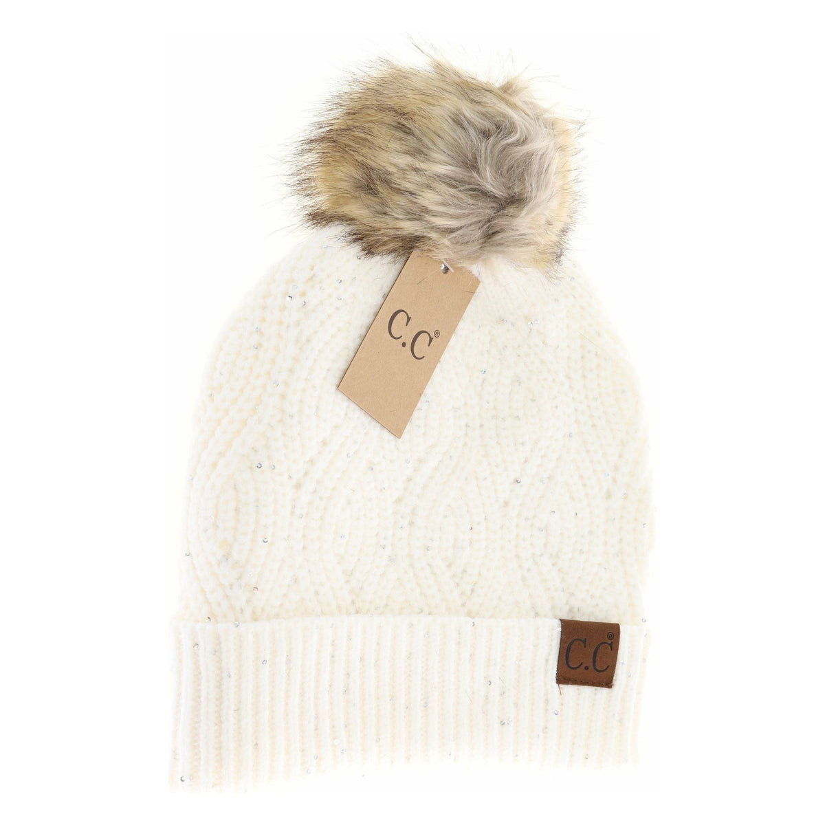 Sequin Brioche Cable Knit Fur Pom C.C Beanie HAT2073