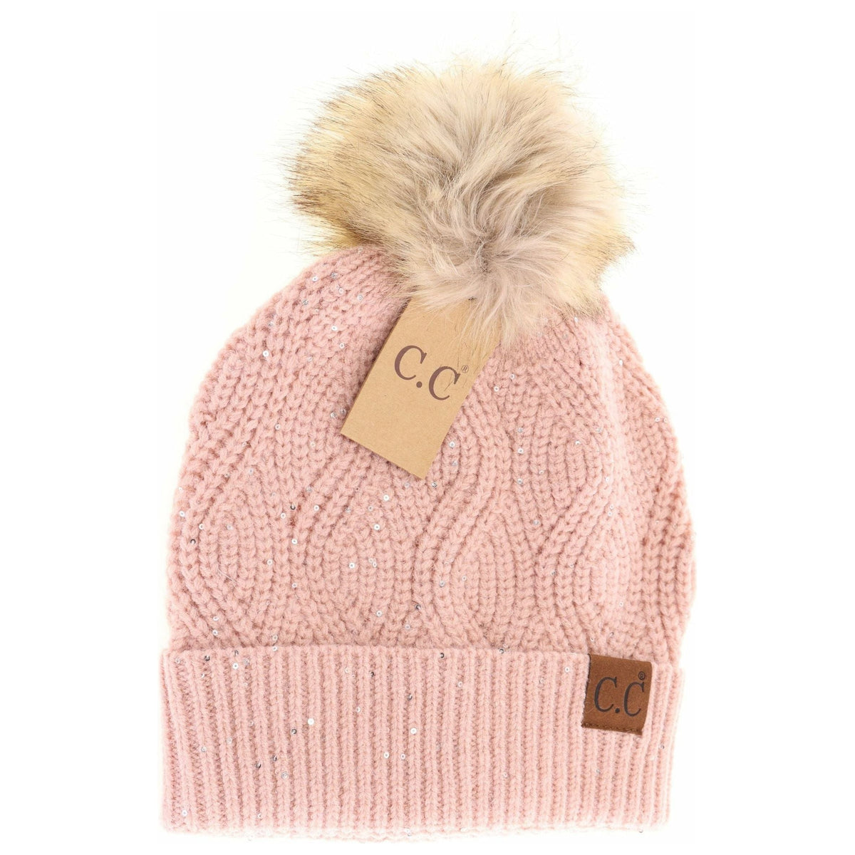 Sequin Brioche Cable Knit Fur Pom C.C Beanie HAT2073