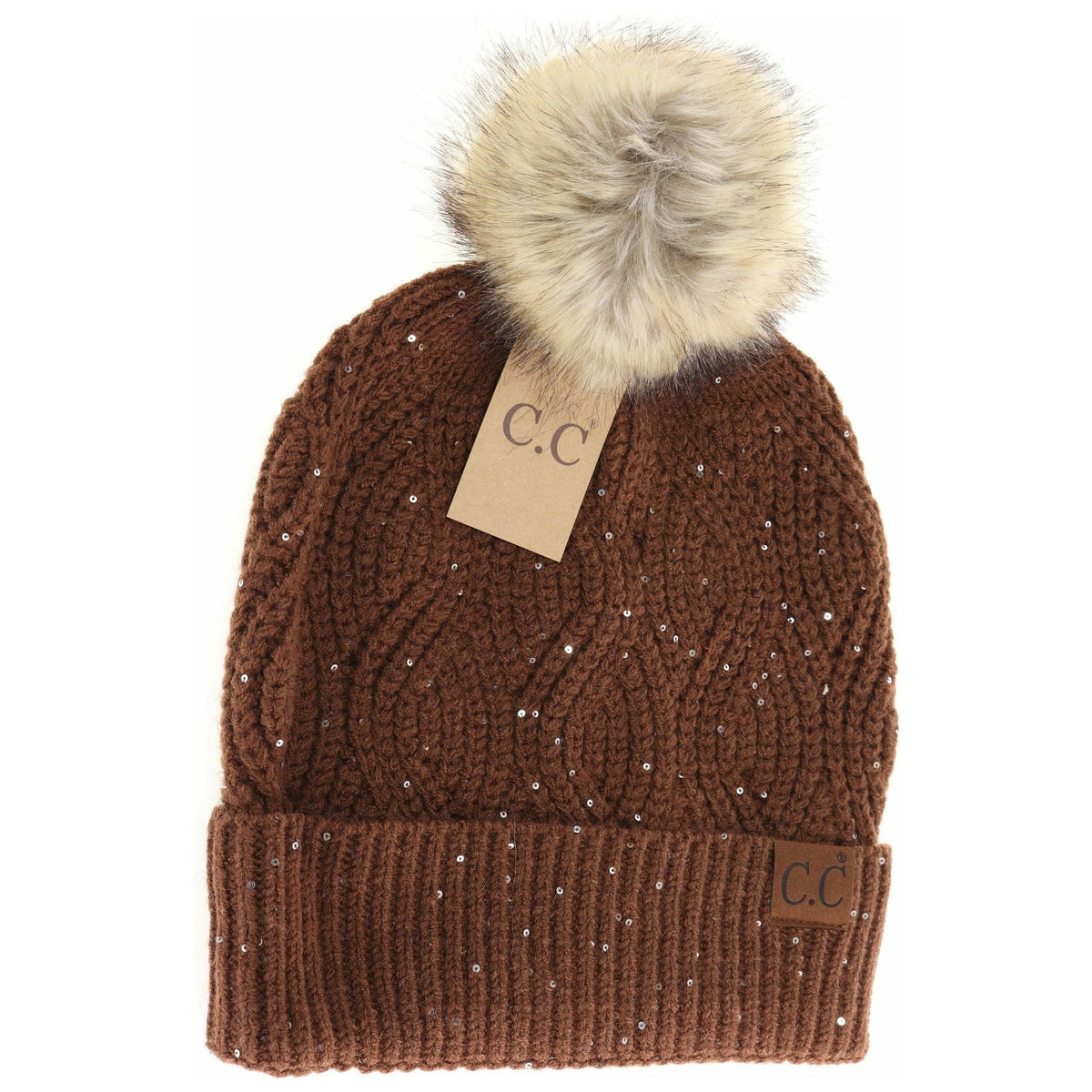 Sequin Brioche Cable Knit Fur Pom C.C Beanie HAT2073