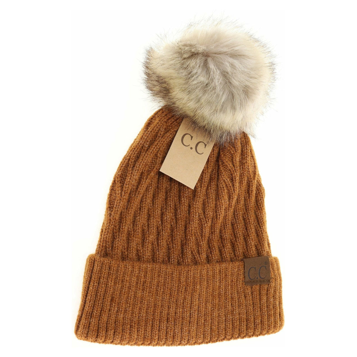 Solid Honey Comb Fur Pom C.C Beanie HAT2079
