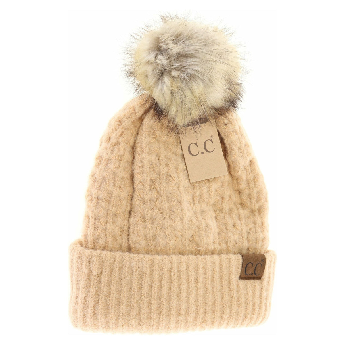 Solid Smocked Stitch Fur Pom C.C Beanie HAT2080