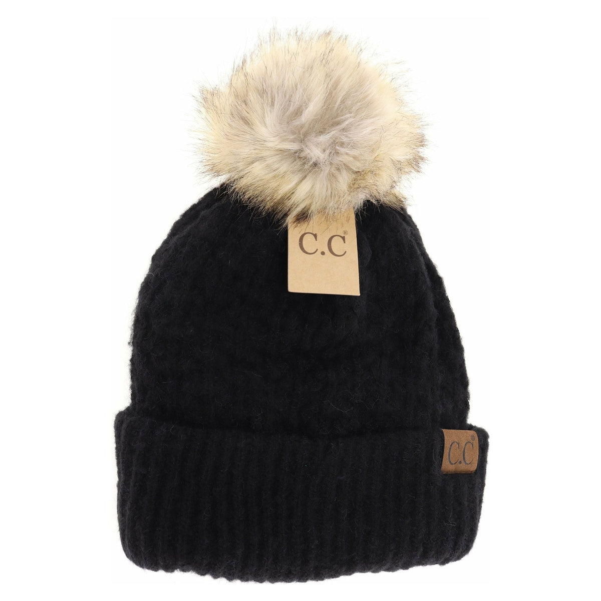 Solid Smocked Stitch Fur Pom C.C Beanie HAT2080
