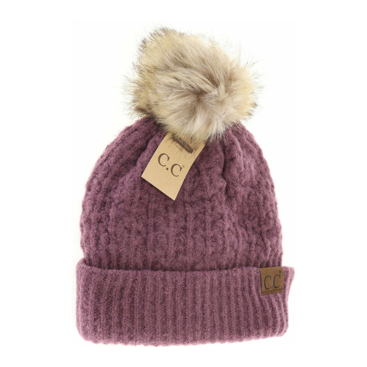 Solid Smocked Stitch Fur Pom C.C Beanie HAT2080