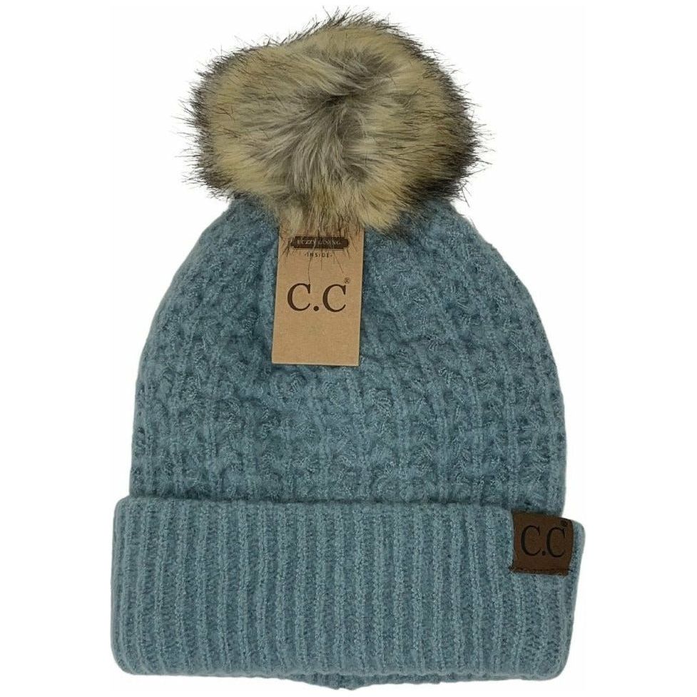 Solid Smocked Stitch Fur Pom C.C Beanie HAT2080