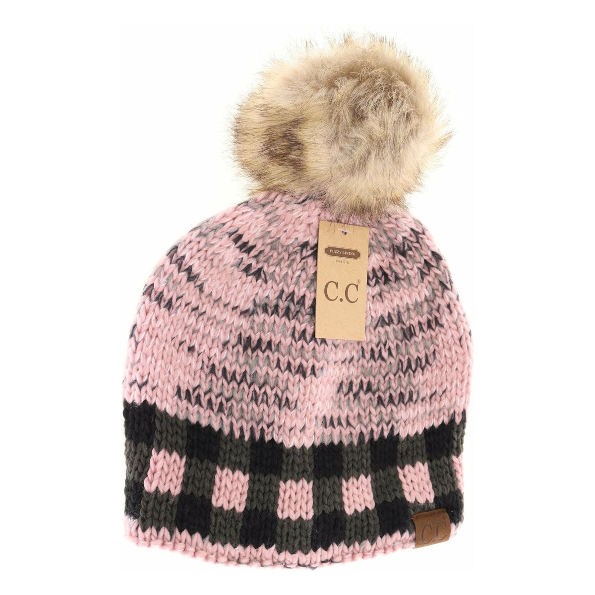 Buffalo Check Mixed Print Fur Pom C.C Beanie HAT2083