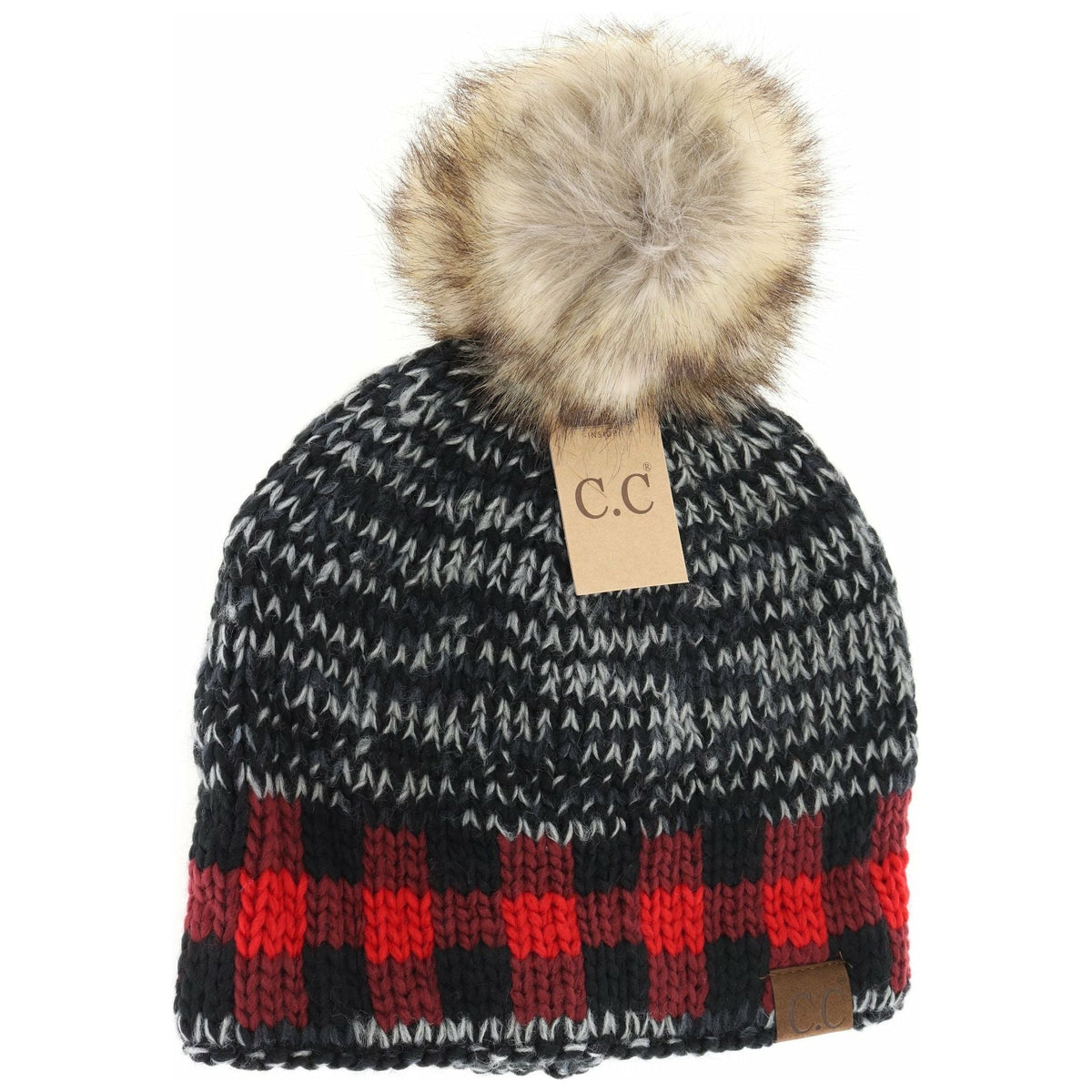 Buffalo Check Mixed Print Fur Pom C.C Beanie HAT2083