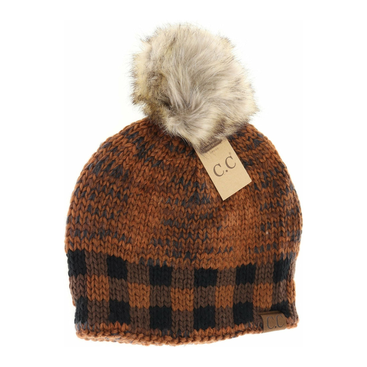 Buffalo Check Mixed Print Fur Pom C.C Beanie HAT2083