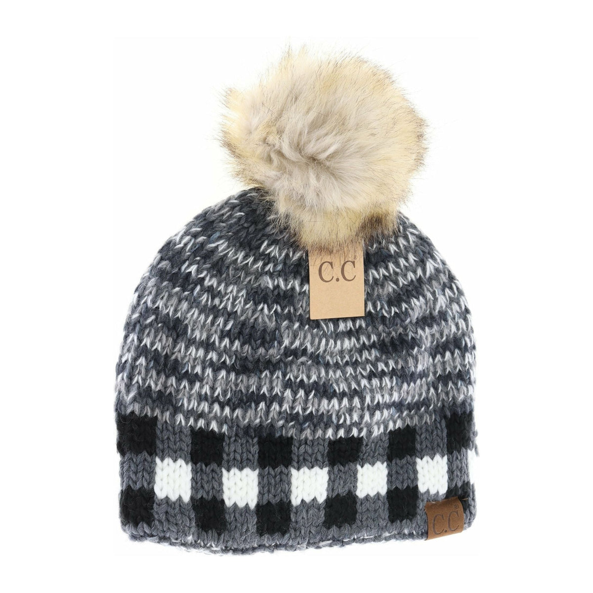 Buffalo Check Mixed Print Fur Pom C.C Beanie HAT2083