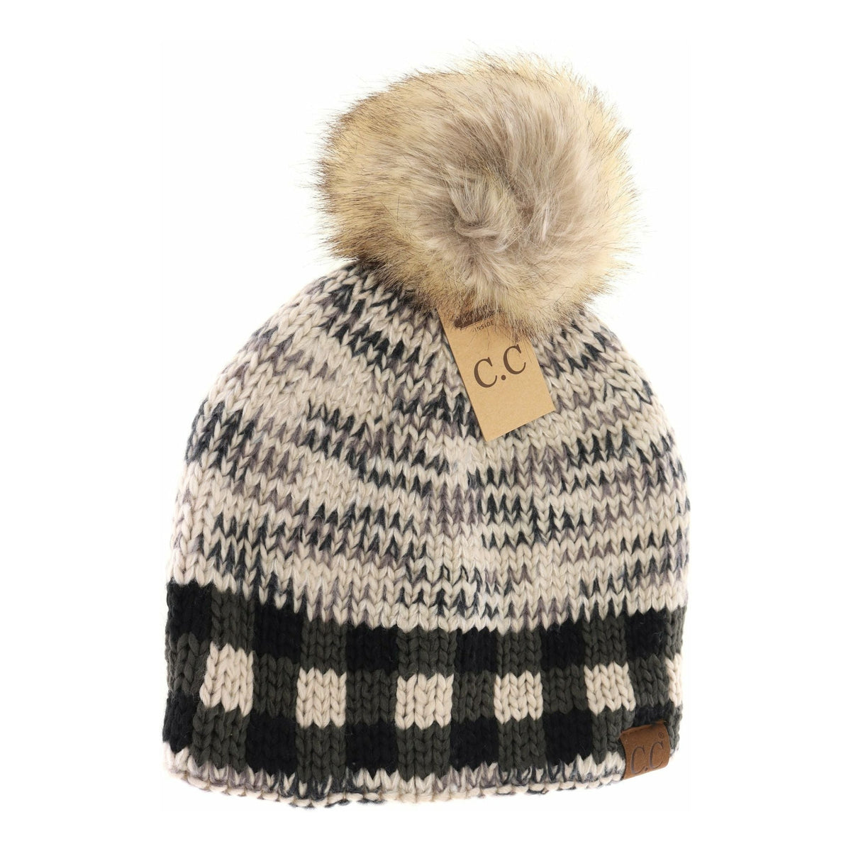 Buffalo Check Mixed Print Fur Pom C.C Beanie HAT2083